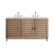 James Martin Furniture 620-V60D-WW-3EMR - Portland 60'' Double Vanity Whitewashed Walnut, w/ 3 CM Eternal Marfil Quartz Top
